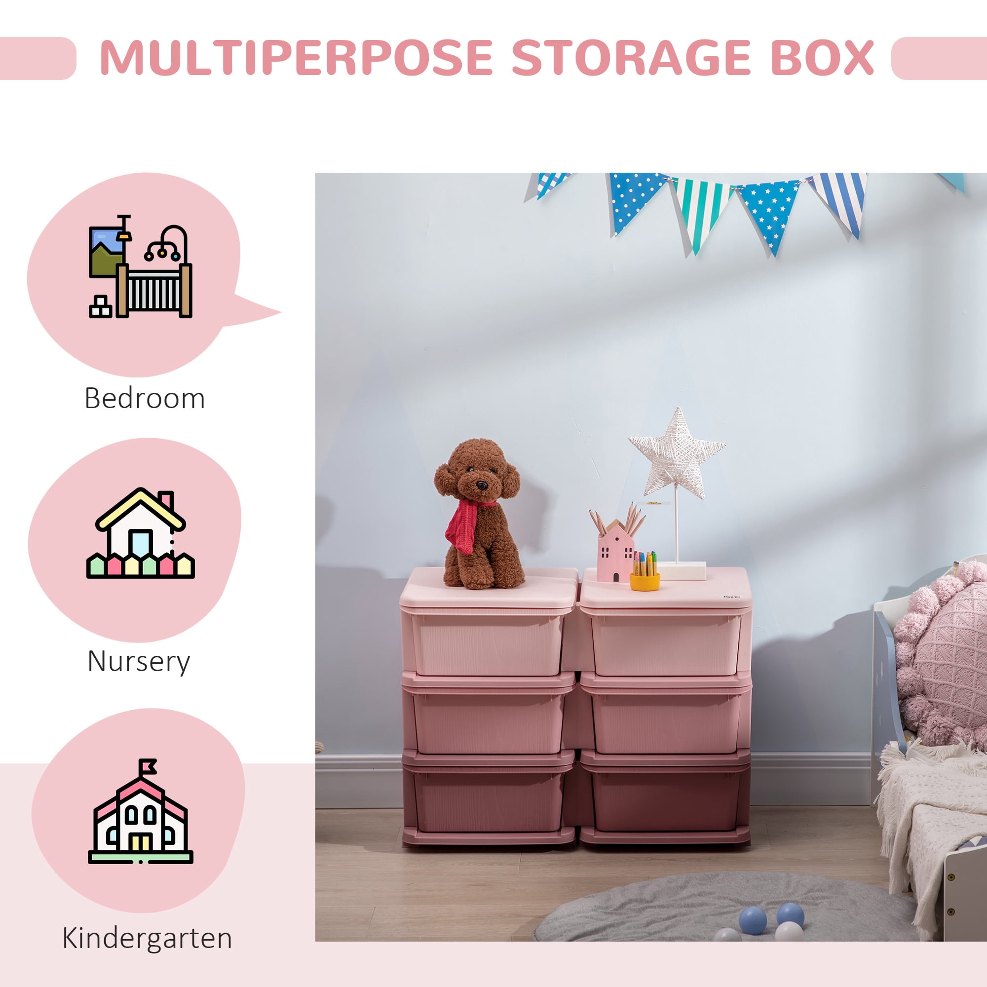 3 Tier Kids Storage Unit, 6 Drawer Chest Toy Organizer Plastic Bins for Kids Bedroom Nursery Kindergarten Living Room for Boys Girls Toddlers, Pink