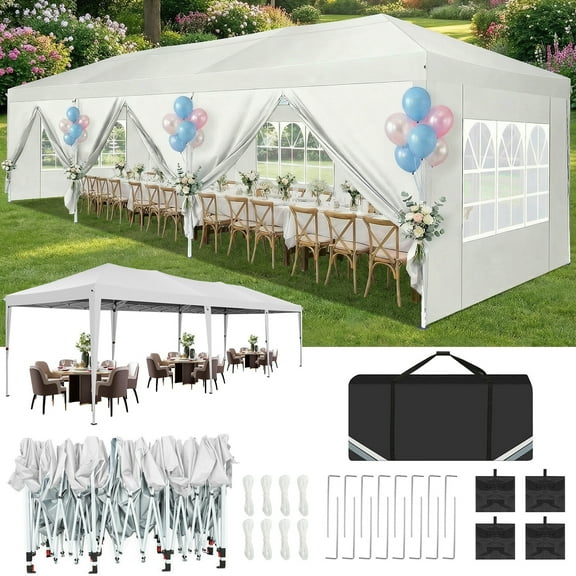 COBIZI 10x30 Pop Up Canopy Party Tent 10x30 Canopy Tent with 8 Sidewalls,Waterproof UPF 50  0utdoor Wedding Event Tents for Parties Backyard Canopy Gazebo with 4 Sand Bags&Carry Bags,White