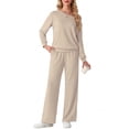 thumbnail image 4 of JWD Women's Off Shoulder 2 Piece Knit Matching Set Long Sleeve Pullover Top with Drawstring Wide Leg Pants Oatmeal L, 4 of 6