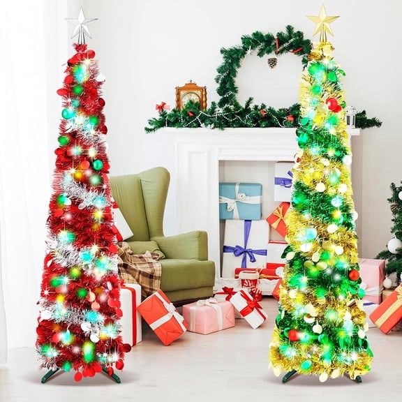 2 Pcs 5 ft Prelit Slim Christmas Tree Decor Pop Up Pencil Christmas Tree with String Lights Artificial Sequin Collapsible with Star for Xmas Holiday Outdoor Decorations