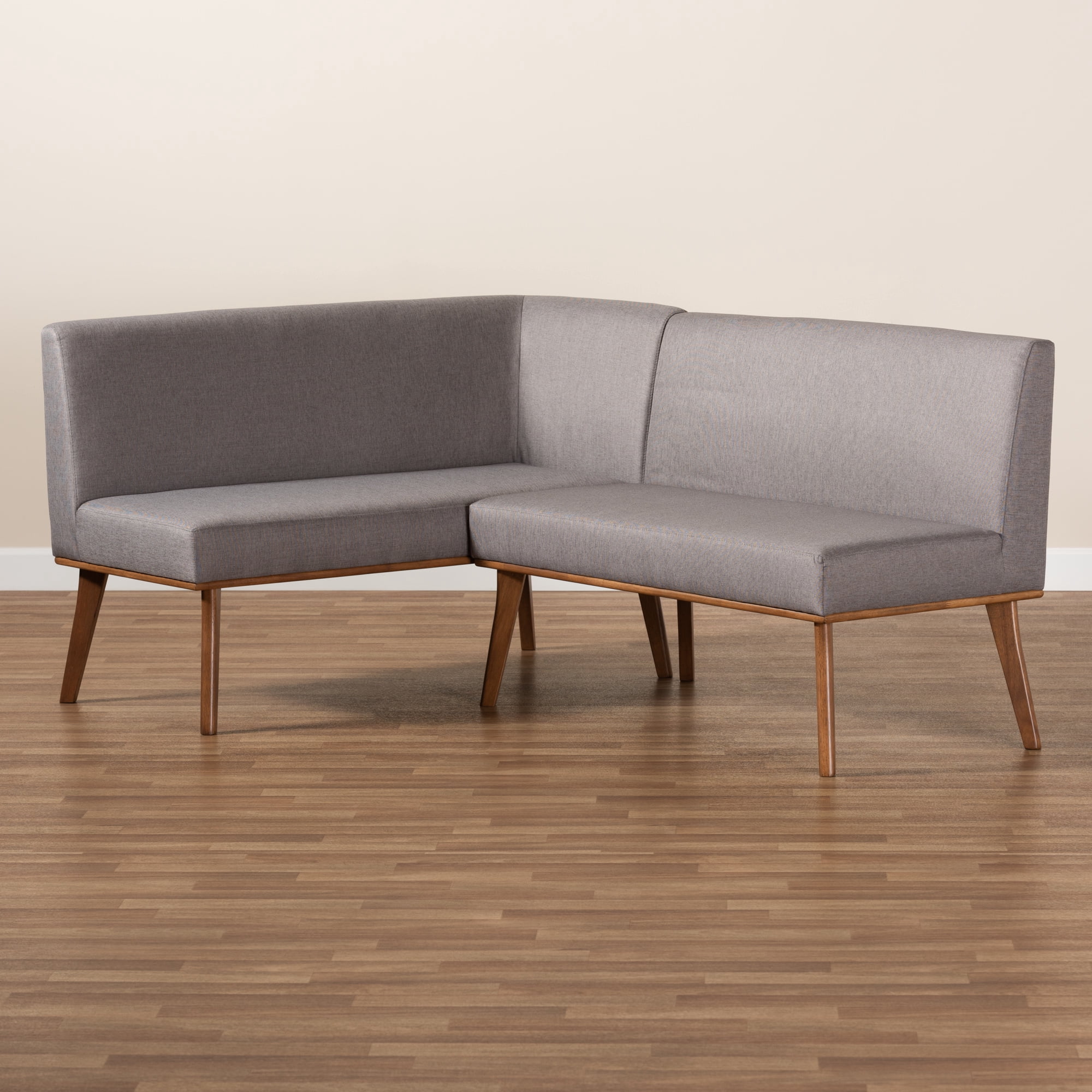Baxton Studio Odessa Mid-Century Modern Grey Fabric Upholstered and Walnut Brown Finished Wood 2-Piece Dining Corner Sofa Bench