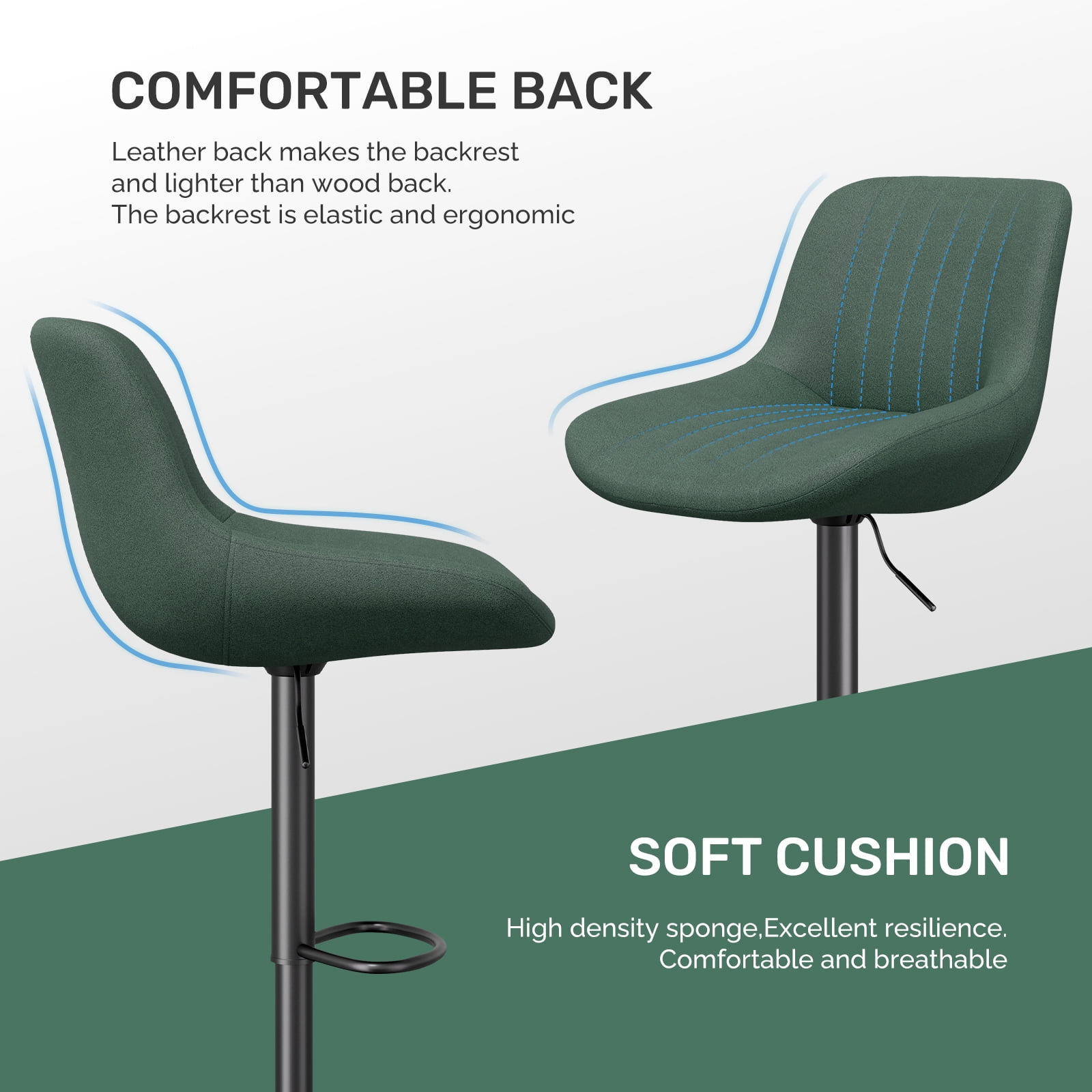 Daluvenix Adjustable Bar Stools Set of 4, Swivel Kitchen Bar Chairs with Back, Modern Tech Fabric Island Chairs for Home Kitchen, Green