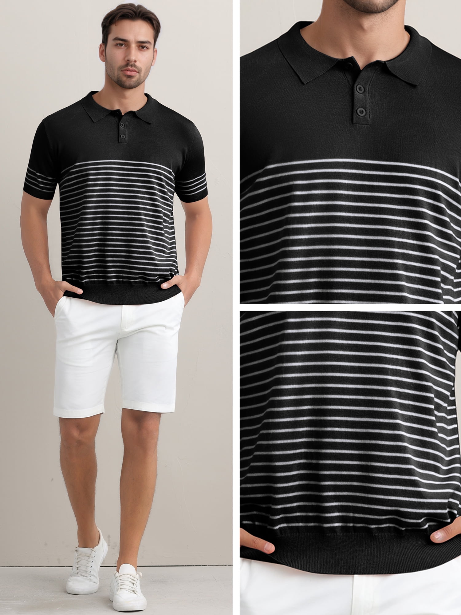 DARING DIVA Men's Knit Polo Short Sleeve Striped Golf Casual Collared T Shirt M Black