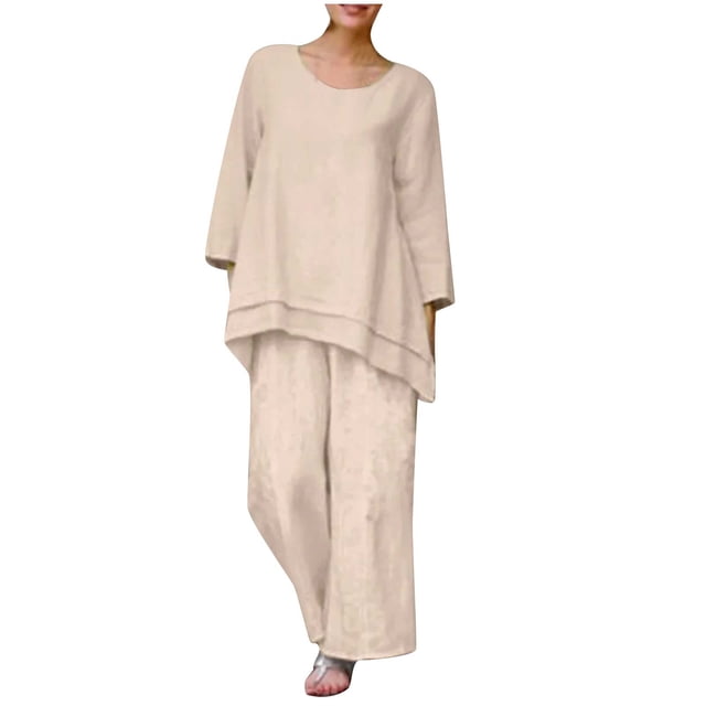 Bowake Femmes en Coton 2 Pièces Tenues Casual Grande Taille Col Rond Manches Longues Tops et Pantalons à Jambes Larges Lounge Sets