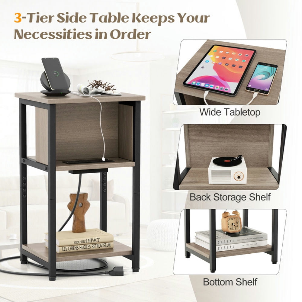 Finihen End Table, Nightstand, 3-Tier End Table with USB Ports & Power Outlets-1 Piece, Sofa Side Table, Bed Side Table, for Living Room, Bedroom, Gray & Black