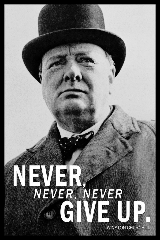 Winston churchill never never never give up black white face portrait