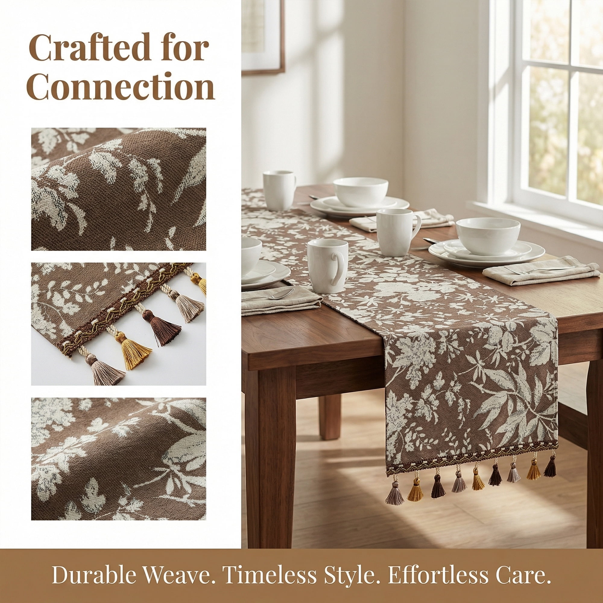 Unique Bargains Floral Table Decoration Kitchen Runner with Tassel Coffee 13.8x63in