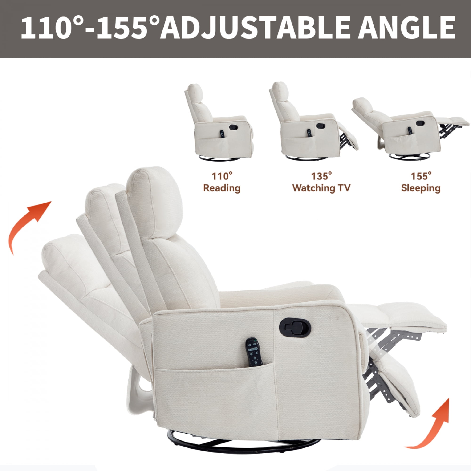 360 Swivel Rocking Recliner Chair for Adults, Nursery Rocking Chair with Heat and Massage, Glider Reclining Chair for Small Space, Living Room, Bedroom (Chenille, Beige)