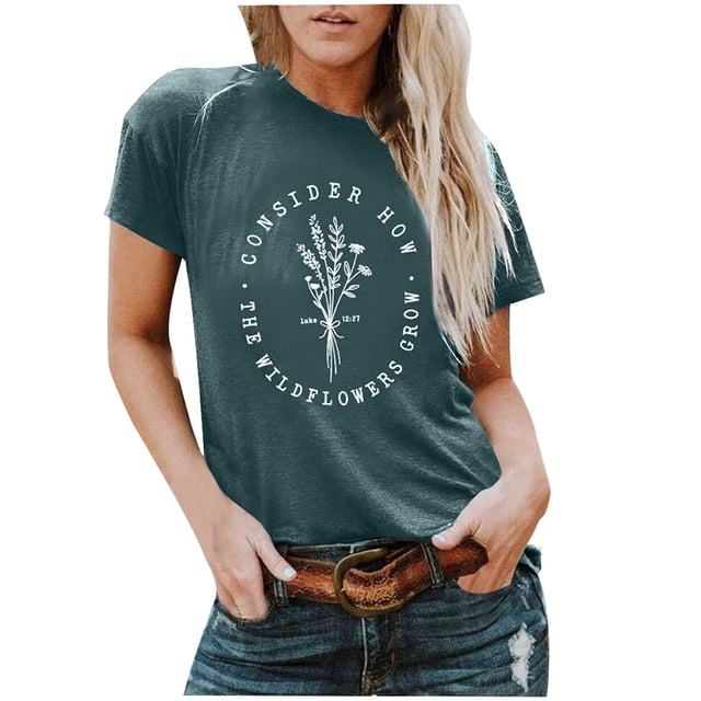 TSADFHJI Chemises pour Femmes en Coton Col Rond Été Mode Décontractée Manches Courtes avec Petites Fleurs Imprimées T-Shirt en Coton Coloré TTTG Vert