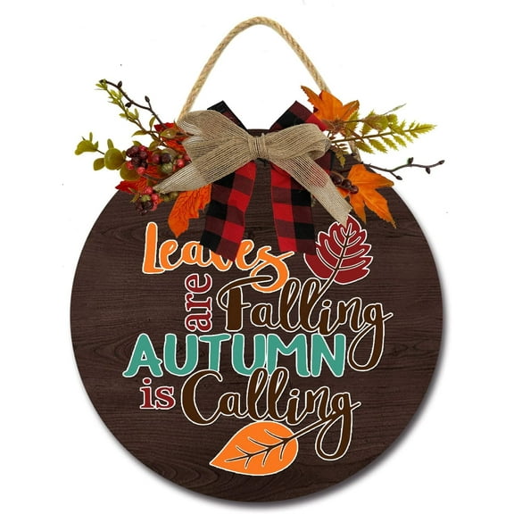 Eveokoki 12" Fall Autumn Leaves Wooden Door Sign, Welcome Front Door Plaque Hanger Home Decoration for Farmhouse Office Coffee Shop,Hanging Sign Board with Hanging String for Home Decor
