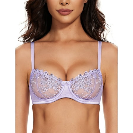 Wingslove Women s Sexy Lace Sheer Bra Demi Mesh Balconette See Through Unlined Underwire with Silicone Nipple  Light Purple 34D