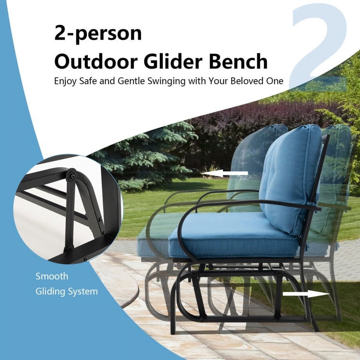 Aimee Lii Double Chair Outdoor with cushion, Patio Glider Bench, Porch, Backyard, Sturdy, Blue Aimee Lii Double Chair Outdoor with cushion, Patio Glider Bench, Porch, Backyard, Sturdy, Blue