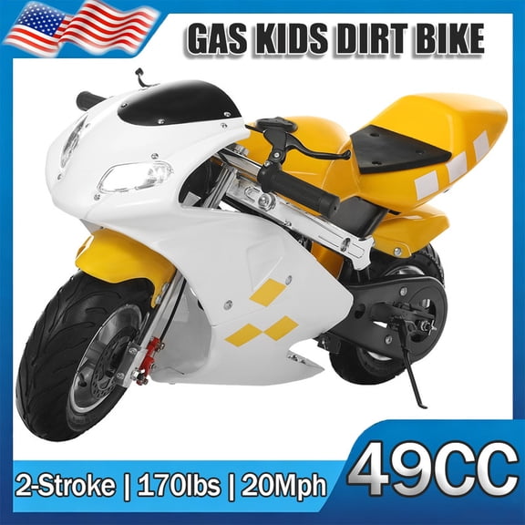 Mini Gas Motorbike, 49CC 2-Stroke Pocket Motorbike, Gas Dirt Bike, Dual Headlights, Max Speed 20MPH Motocross with Dual Disc Brakes, Load 170LBS, for Over 12 Years Old