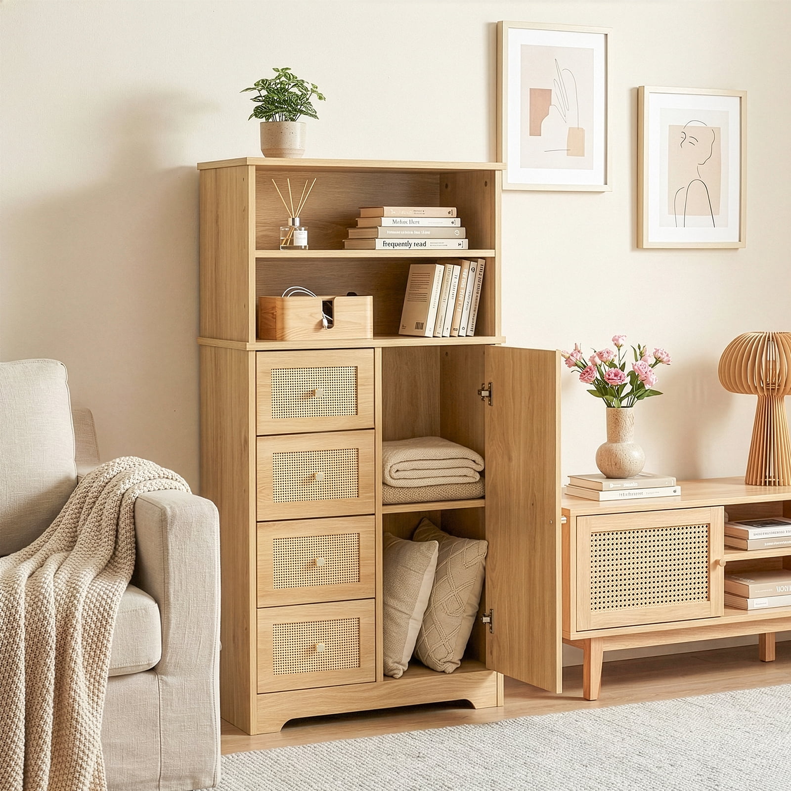 Ktaxon Bathroom Floor Cabinet with 4 Drawers 1 Cupboard & 2 Adjustable Shelves for Kitchen Living Room, Rattan