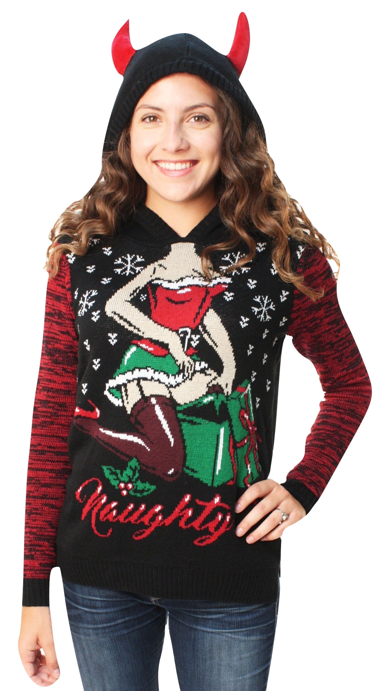 Ugly Christmas Sweater Ugly Christmas Sweater Womens Naughty Present Hooded Sweater Walmart 