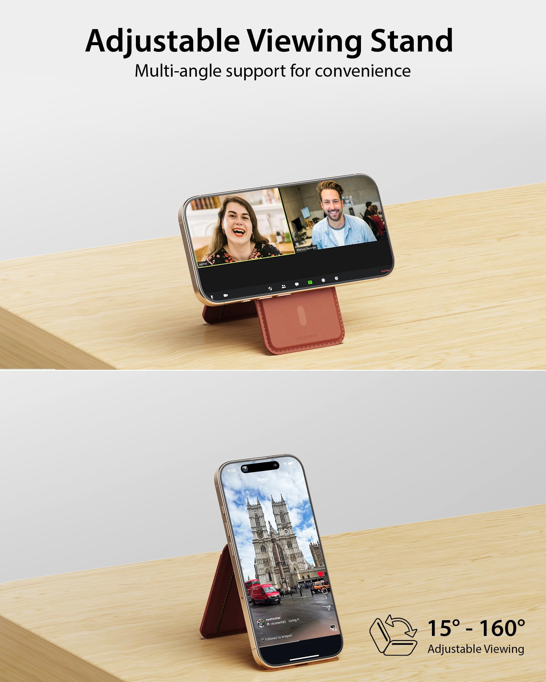 Upcommon Enclave Wallet Stand for iPhone 17/16/15/14/13/12 Series, Compatible with MagSafe, Magnetic 5 Card Holder, Adjustable Stand, RFID Blocking, Microfiber Leather (Tan)