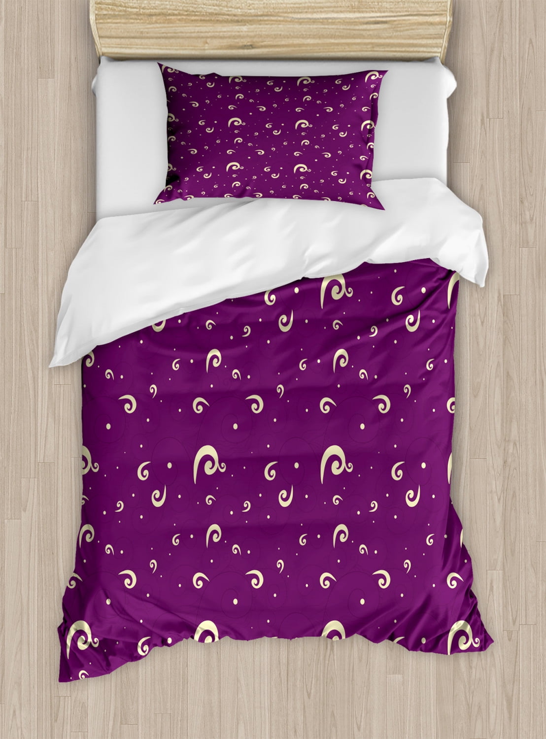 Purple and Cream Twin Size Duvet Cover Set, Abstract Curls on Purple