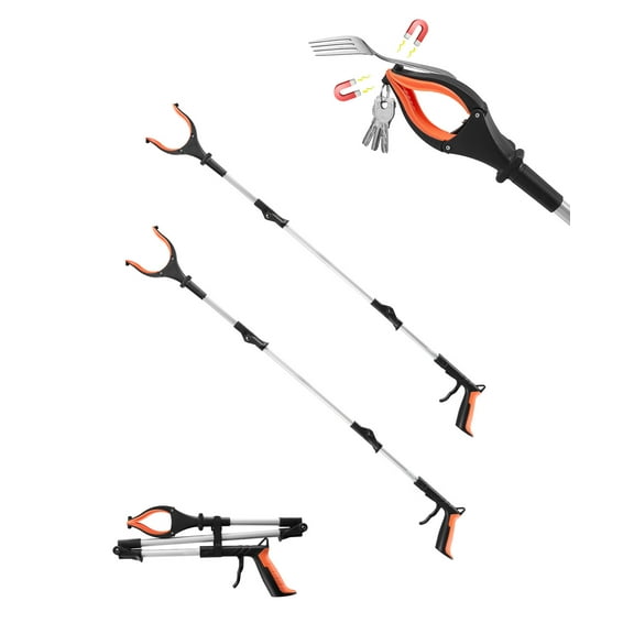 KFFKFF Assistance Device, 43" Collapsible Pick-Up Instrument with 360° Swiveling Clasp, Inbuilt Magnet and LED Illumination, Featherweight Aid for Elderly, Extended Length Litter Collection Tool