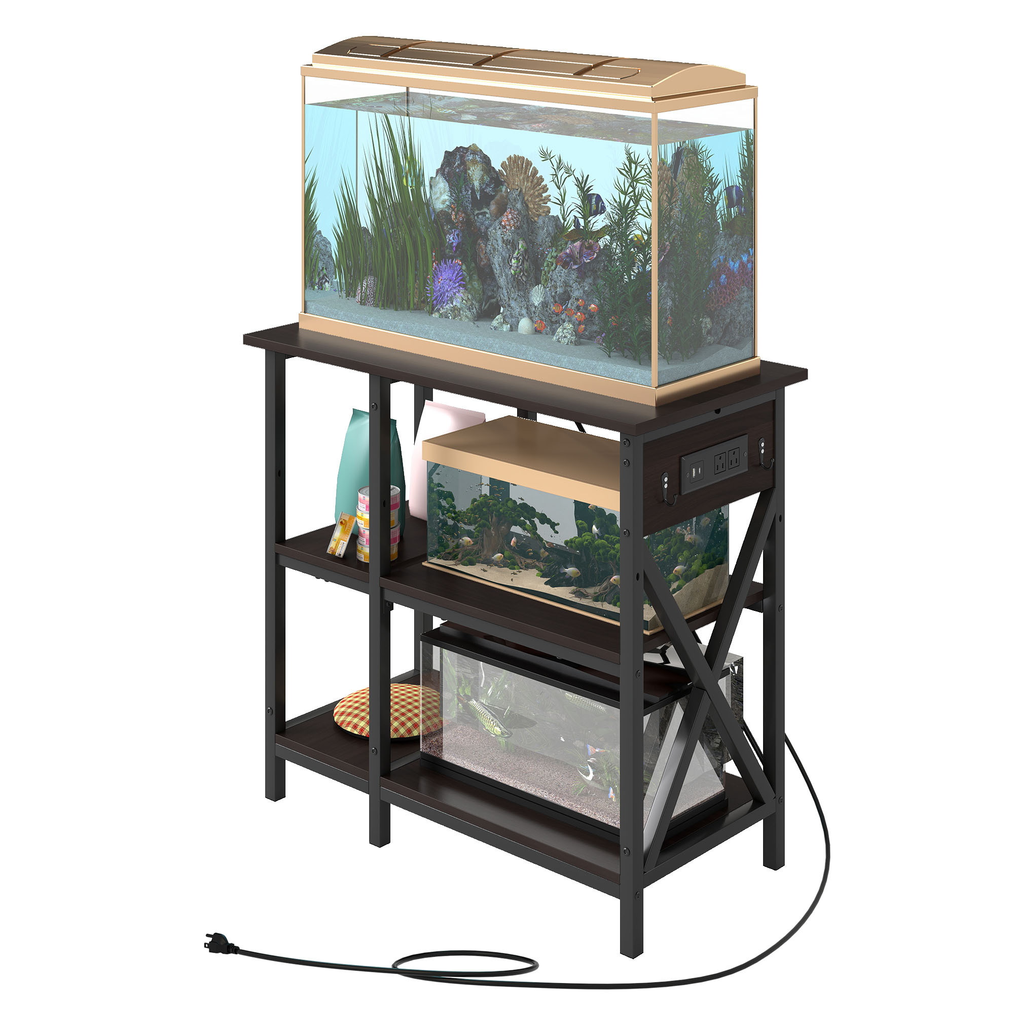 Uforic 10-29-37 Gallon 3-Tier Heavy Duty Metal Fish Tank Stand with Power Outlets &  Adjustable Storage Shelf,450LBS Capacity, Black