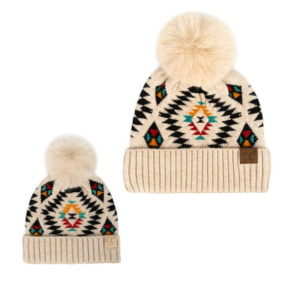 C.C Aztec Soft Faux Fur Pom Matching Mommy & Baby Beanie Set, Beige