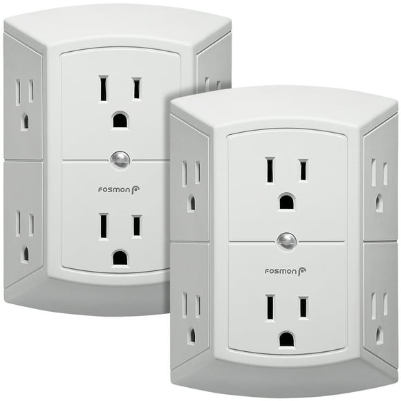 Fosmon 6 Outlet Grounded Wall Tap Power Adapter 3 sided - 125VAC 15A - White - 2 Pack