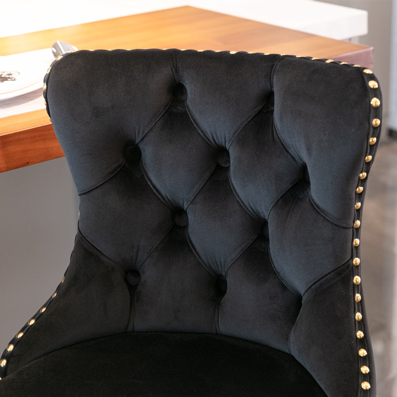 Swivel Dining Bar Chairs with Gold Metal Base Velvet Upholstered Bar Stools with Button Tufted Back Height Adjustment(Black,Set of 6)