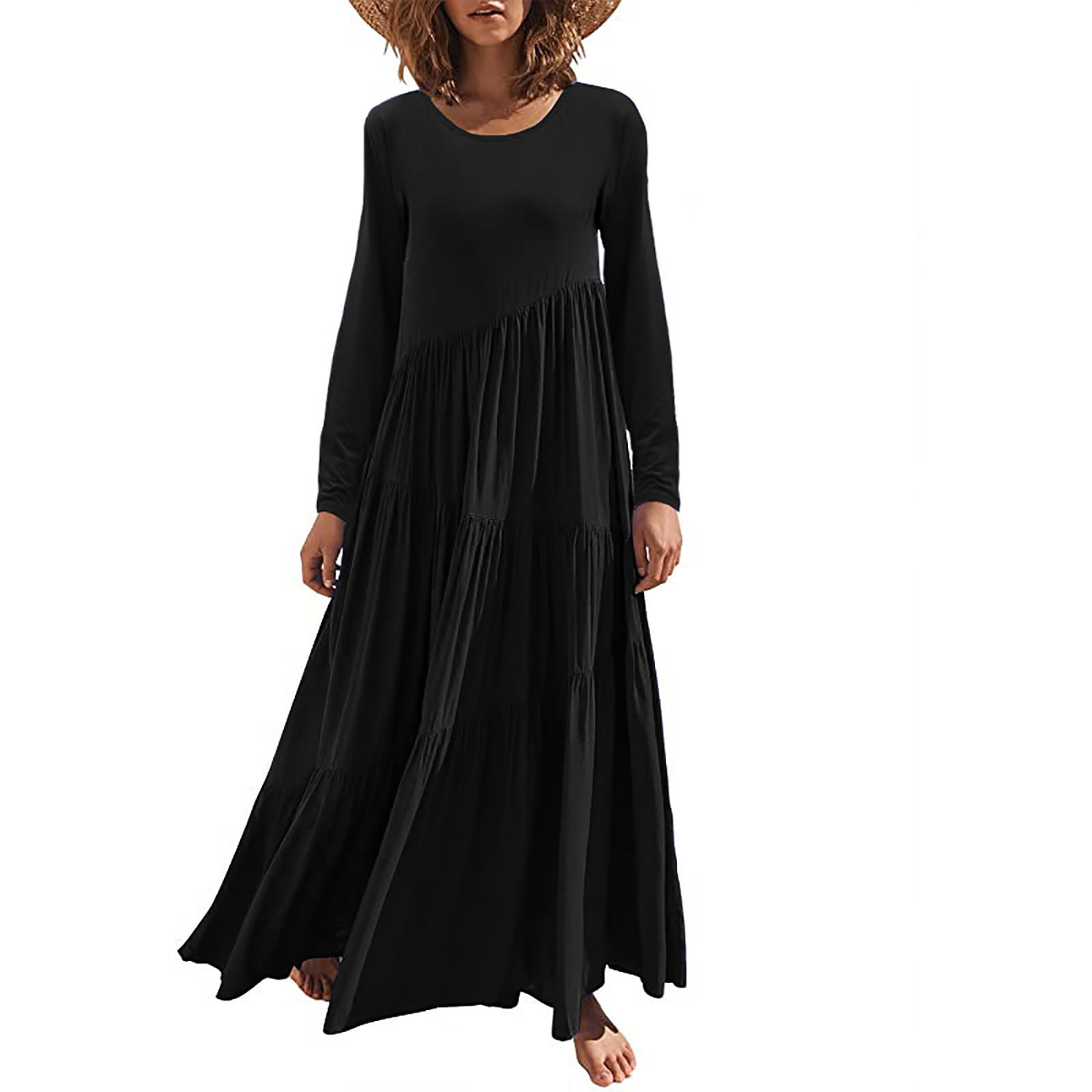 Women's Short/Long Sleeve Loose Plain Maxi Dresses Crewneck Casual Tiered Flowy Pleated Swing Beach Long Dresses