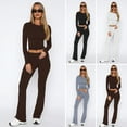 thumbnail image 2 of 2 Pcs/Set Women Top Pants Set Round Neck Solid Color Long Sleeves Slim Fit T-shirt Low Waist Flared Hem Trousers Casual Sport Outfit, 2 of 8