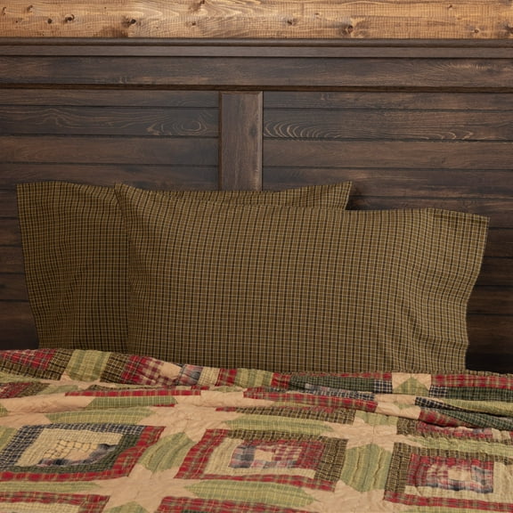 VHC Brands Tea Cabin Rustic Standard Green Plaid Pillow Case Set of 2 Cotton Rectangle Bedroom Decor