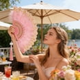 thumbnail image 2 of PoyoKee Hand Fan Foldable, 1Pc Vintage Puffy Travel Fan, Lightweight Bright Travel Essentials for Garden Wedding Picnic Beach Holidays, Pink, 2 of 7