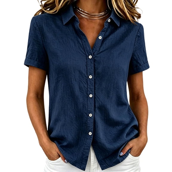 KyCheLot Button down Shirts for Women Summer Lapel Neck Rolled Short Sleeve Blouses Lightweight Business Shirts