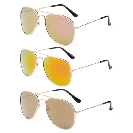 Newbee Fashion - 2 Pack & 3 Pack Classic Aviator Sunglasses Flash Full Mirror lenses Metal Frame for Men Women UV