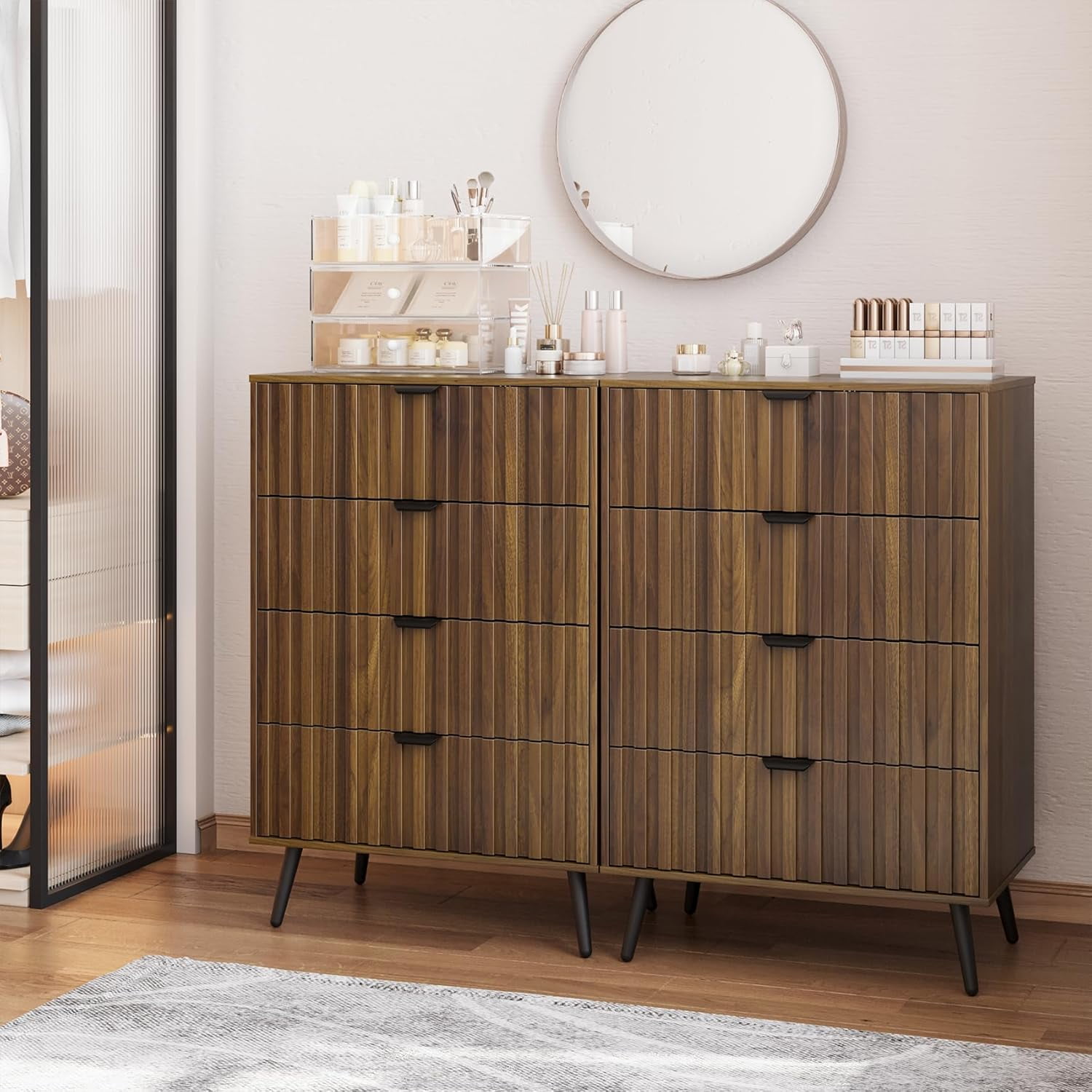 Semiocthome Dresser with 4 Fluted Drawers, Chest of Drawers Storage Cabinet, Walnut, Adult
