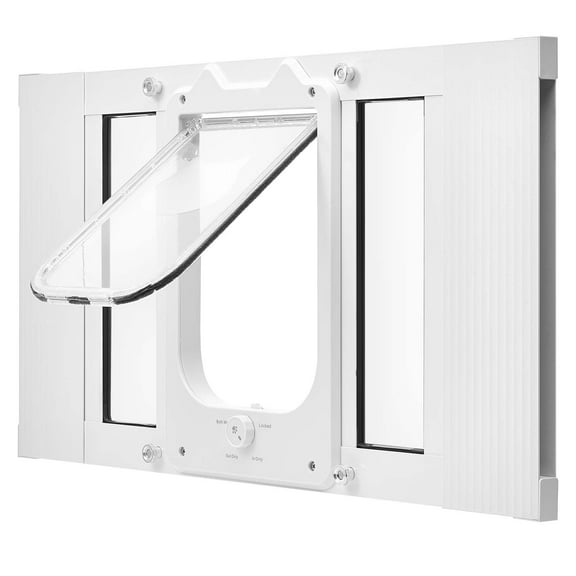 KFFKFF Adjustable Cat Door for Window, Fits Window Widths 23"-28", 4 Locking Options, Durable Aluminum Frame with Transparent Glass, Magnetic Seal, Weather-Resistant Pet Access Panel, White