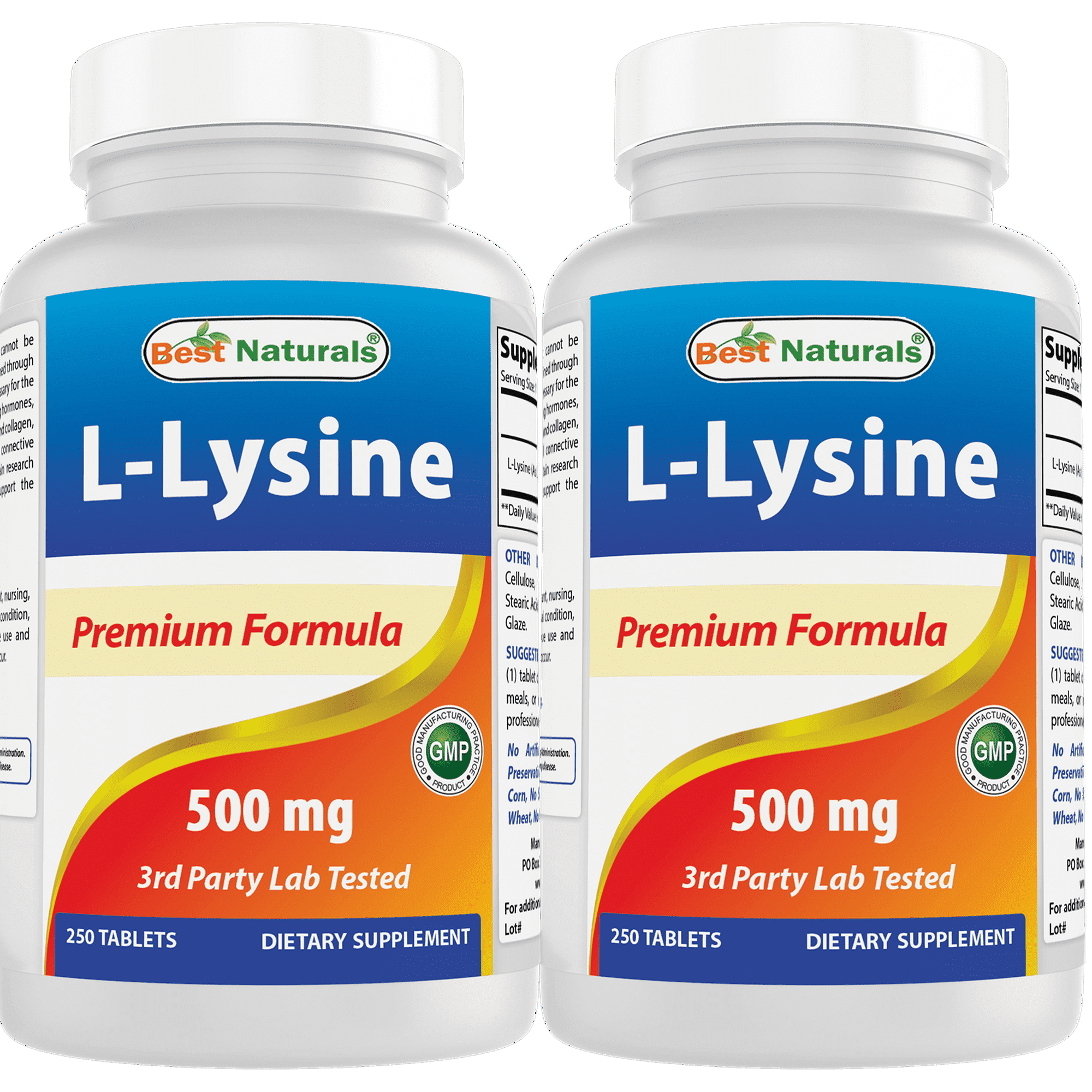 2 Pack Best Naturals L-Lysine 500 mg 250 Tablets