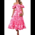 thumbnail image 1 of Vestido Midi Informal de Verano para Mujer, de Corta, Abullonado, con Cuello Cuadrado y Volantes Escalonados Flores Rosas M, 1 of 7