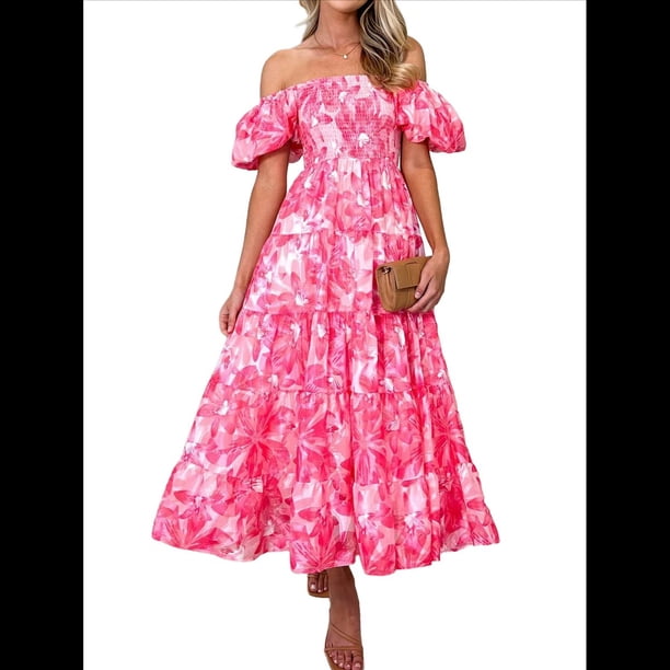 Vestido Midi Informal de Verano para Mujer, de Corta, Abullonado, con Cuello Cuadrado y Volantes Escalonados Flores Rosas S