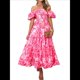 thumbnail image 1 of Vestido Midi Informal de Verano para Mujer, de Corta, Abullonado, con Cuello Cuadrado y Volantes Escalonados Flores Rosas S, 1 of 7