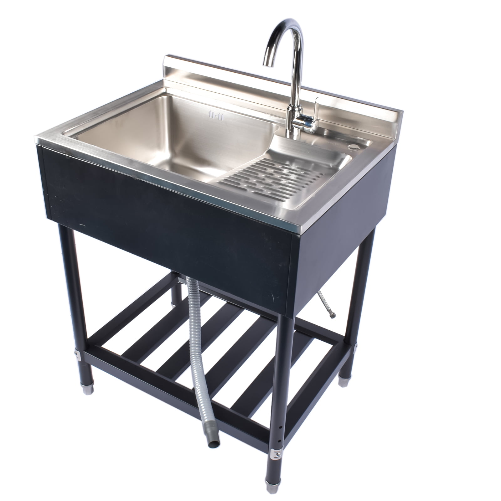 Stainless Steel Utility Sink, 39.4'' Free Standing Commercial Single Bowl Sink with Shelves & Cold and Hot Water Pipe, Laundry Tub for Garage Kitchen - Right Bowl