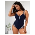 thumbnail image 3 of Retro Navy Blue White Floral Print One Piece Swimsuit Vintage, 3 of 5