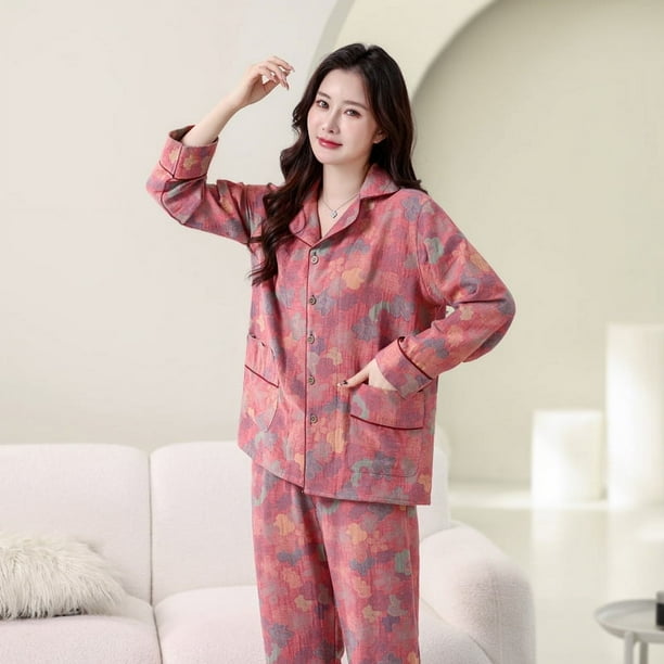 Pijama de algodón de primavera y otoño para mujer, de algodón, de doble capa, de hilo jacquard, de manga larga, de talla grande, para el hogar, se puede usar al aire libre