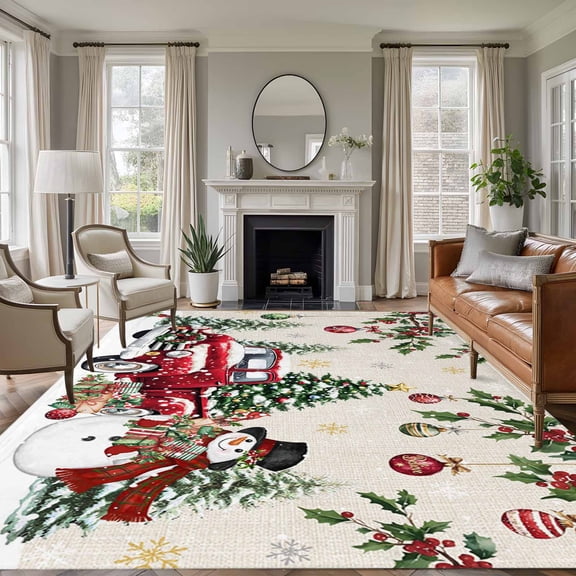 Large Area Rugs for Living Room Bedroom, Christmas 8'x10' Rug Washable Carpet Runner Indoor Outdoor, Xmas Snowman Truck Snowflake Tree Balls Rustic Non Slip Floor Mats Rug for Kitchen, Patio