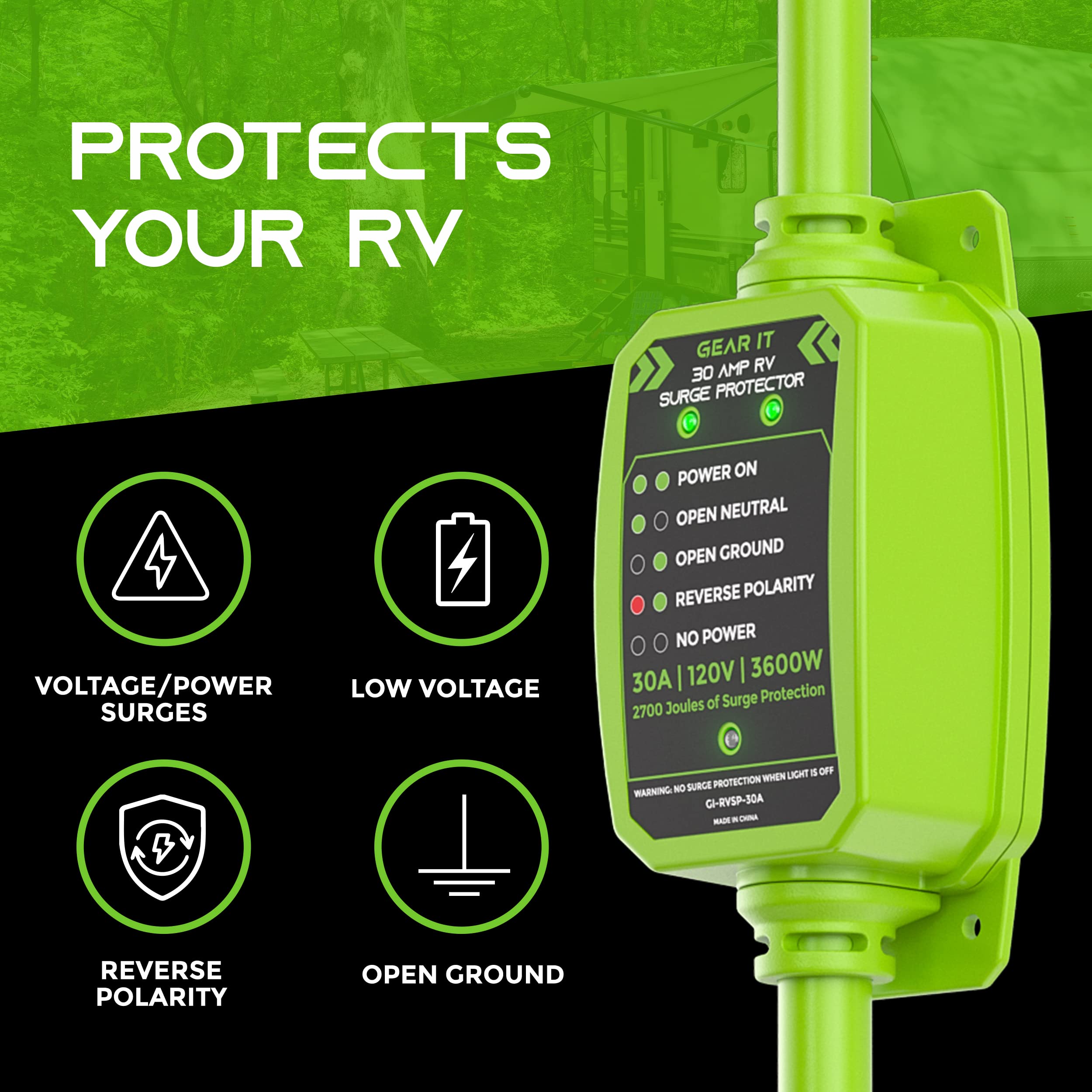 GEARit RV Surge Protector 30 Amp Heavy-Duty Outdoor Extension Plug with Circuit Analyzer Led Voltage Monitor 2700 Joules for Camper Trailer
