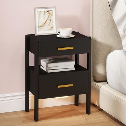 Nightstand with 2 Drawers and Open Shelf Wooden Bedside Table Gold Handles Modern Storage Night Stand Sensor Light for Bedroom, Black