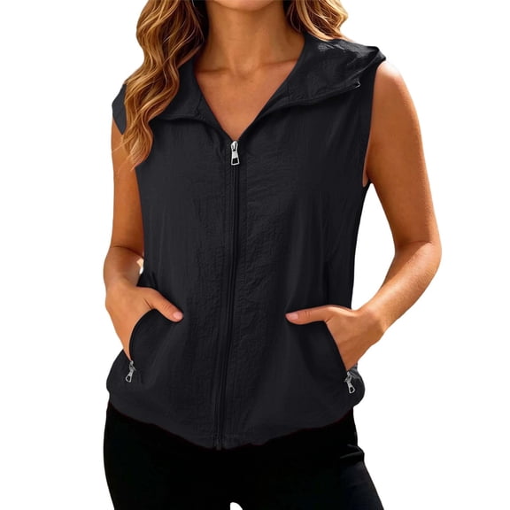 Qicasul Womens Hooded Breathable Vest Lightweight Outdoor Sleeveless Jacket UV Protection Summer Travel,Black,SIZE:XL
