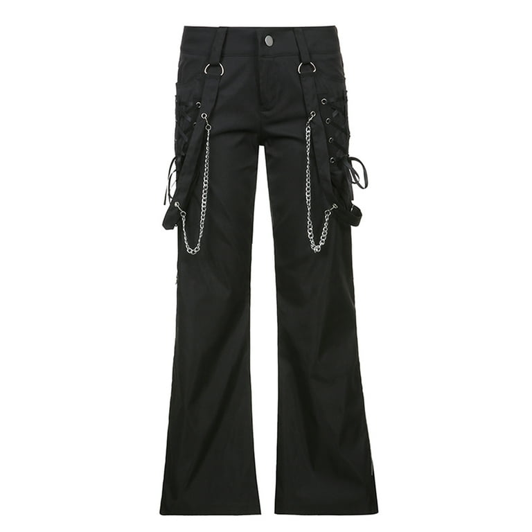 Black Chain Flare Pants Women Trousers Korean Fashion Casual