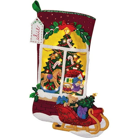 Christmas Tree Window View w/ Lights Stocking Felt Applique Kit