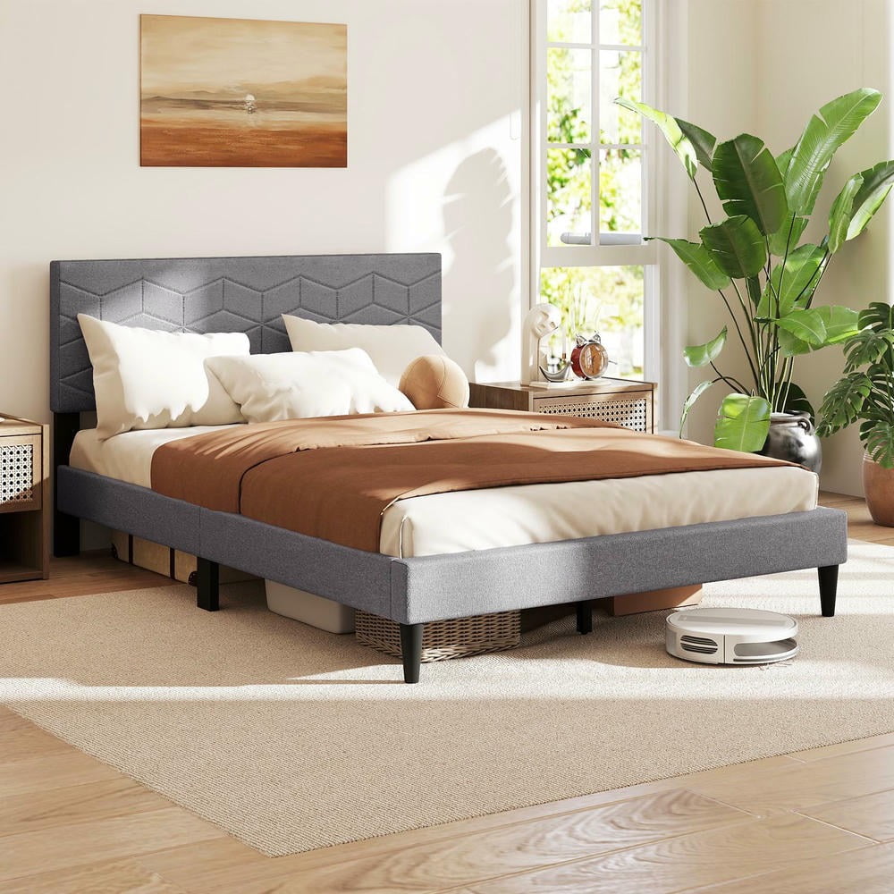 Barara King Full Size Bedroom Bed Frame with Linen Fabric Upholstered Headboard, Bed Platform Frame for Apartment, Bedroom, Gray