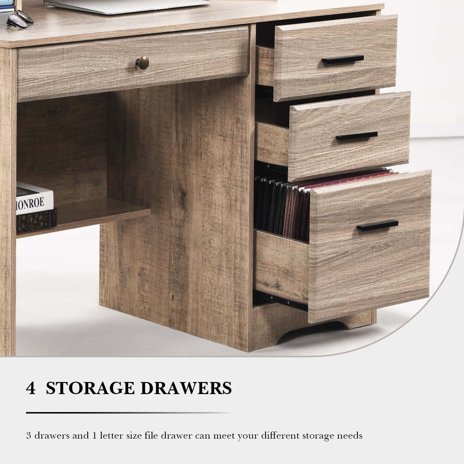 4 EVER WINNER Computer Desk with Drawers, Home Office Desk with Hutch Shelf, Small Desk with Storage for Small Space, Dark Oak