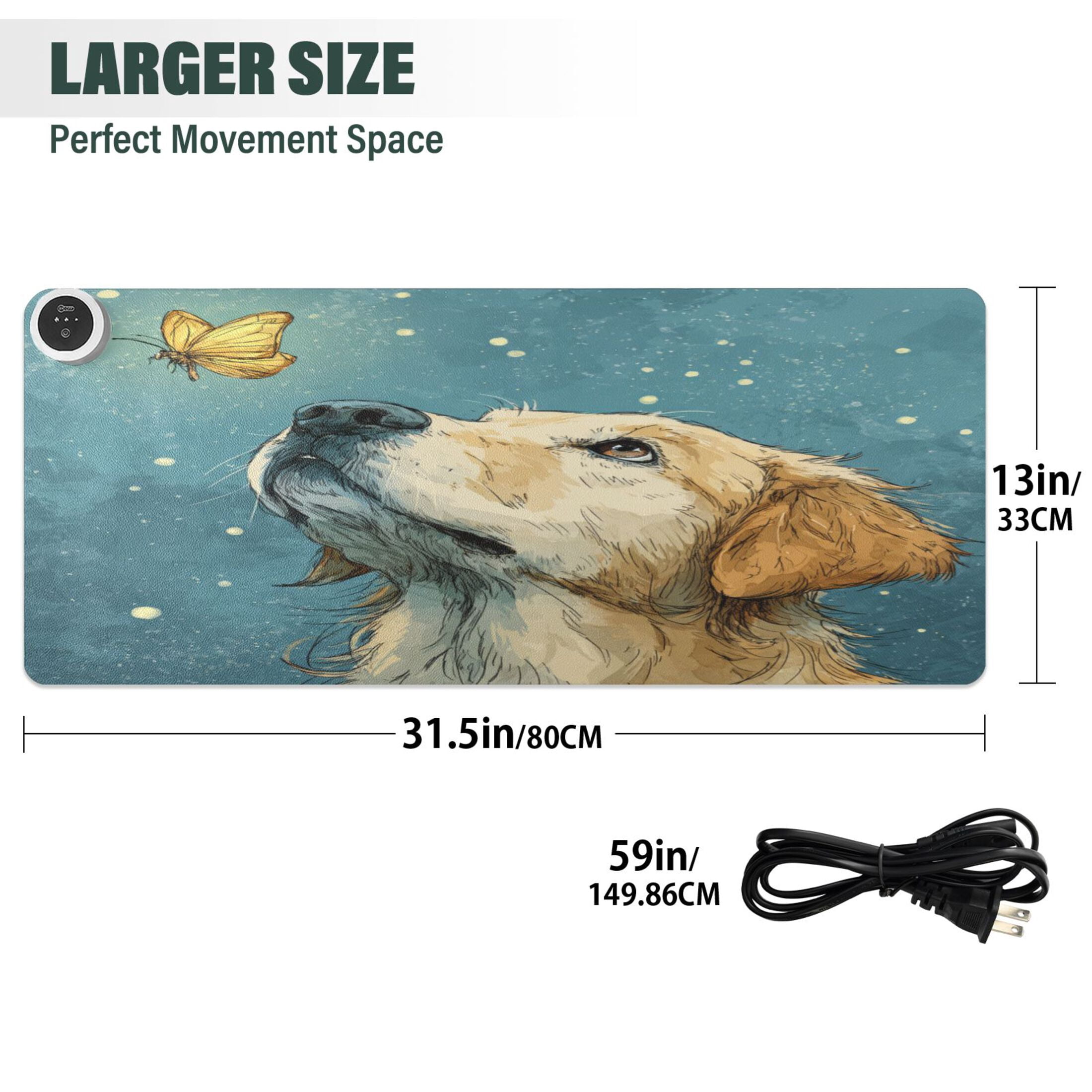 Large Heated Desk Mat Mouse Pad 31.5"x13"PU Leather Graphene Heating Desk Warmer with 3 Temperature Settings 110V US Plug Non-Slip Warm Pad for Home, Office, and Gaming Butterfly Kisses for A Pup
